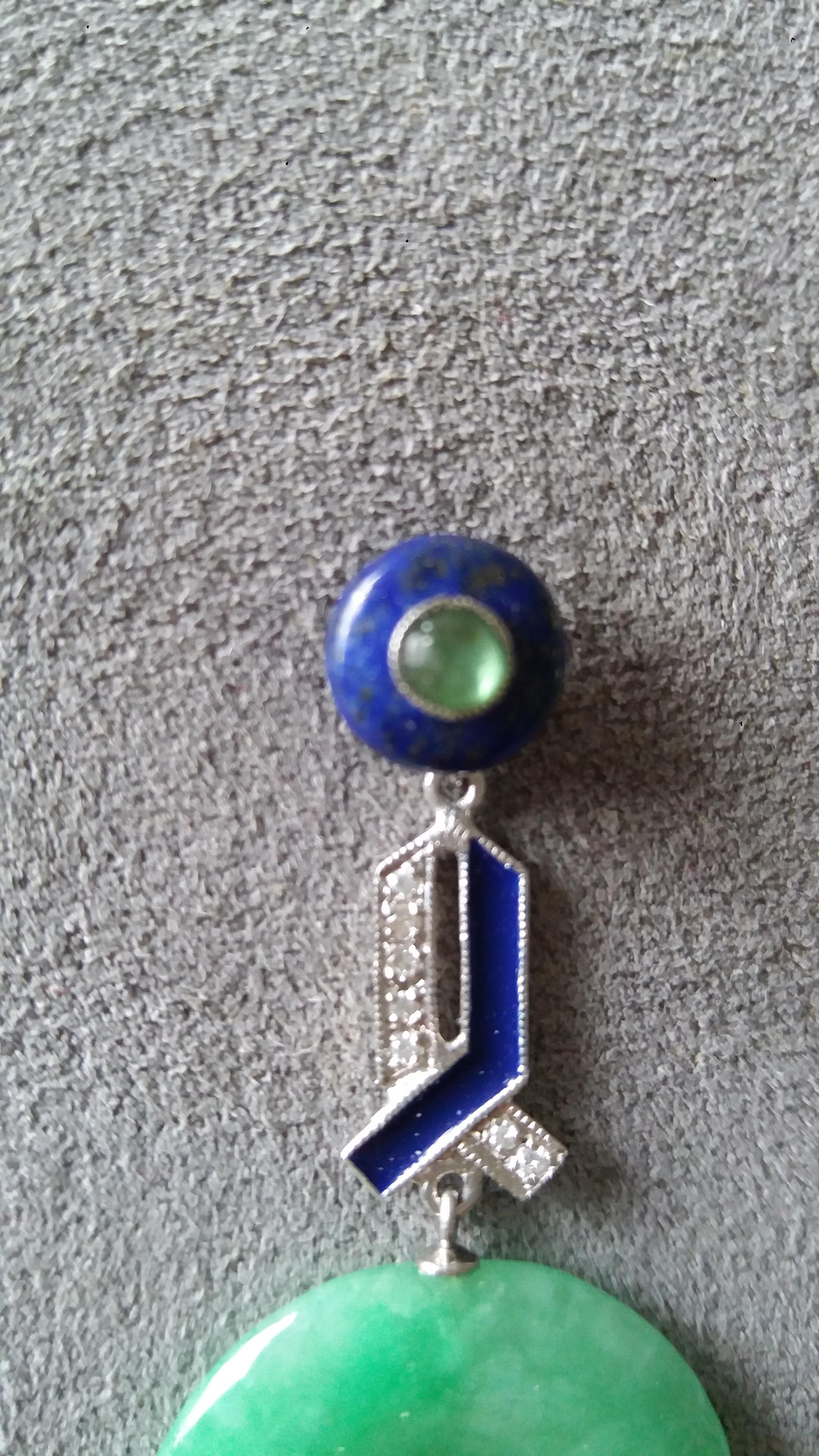 2 round  Lapis Lazuli buttons with small emeralds cabochons  in the center,middle parts in white gold, 14 round full cut diamonds,blue enamel, 2 Burma Jade donuts.
Length 46 mm
Width 21 mm
Weight 8 grams
In 1978 our workshop started in Italy to make