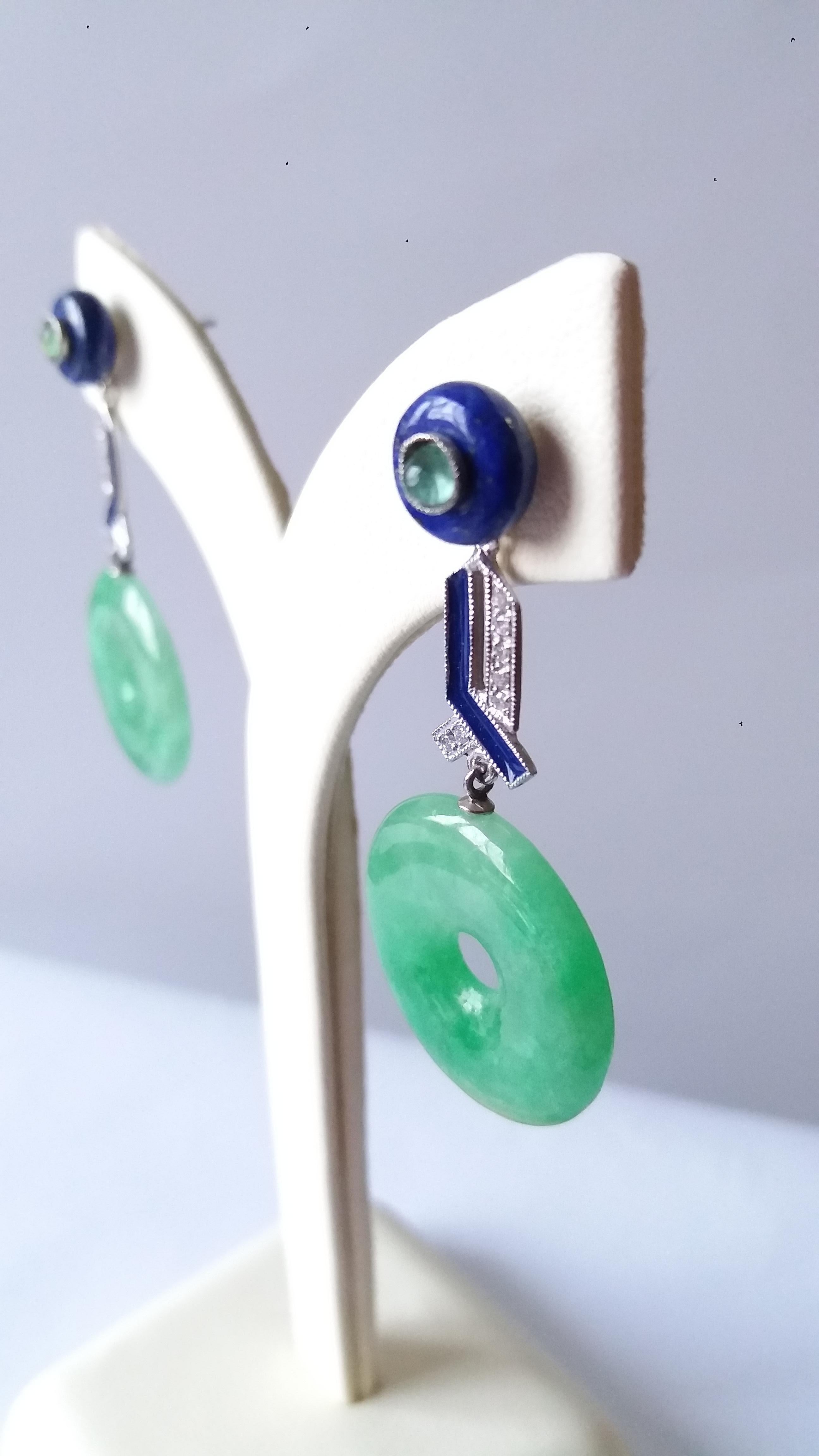Boucles d'oreilles Art déco en jade, donut, lapis-lazuli, émeraudes, diamants et émail bleu Pour femmes en vente