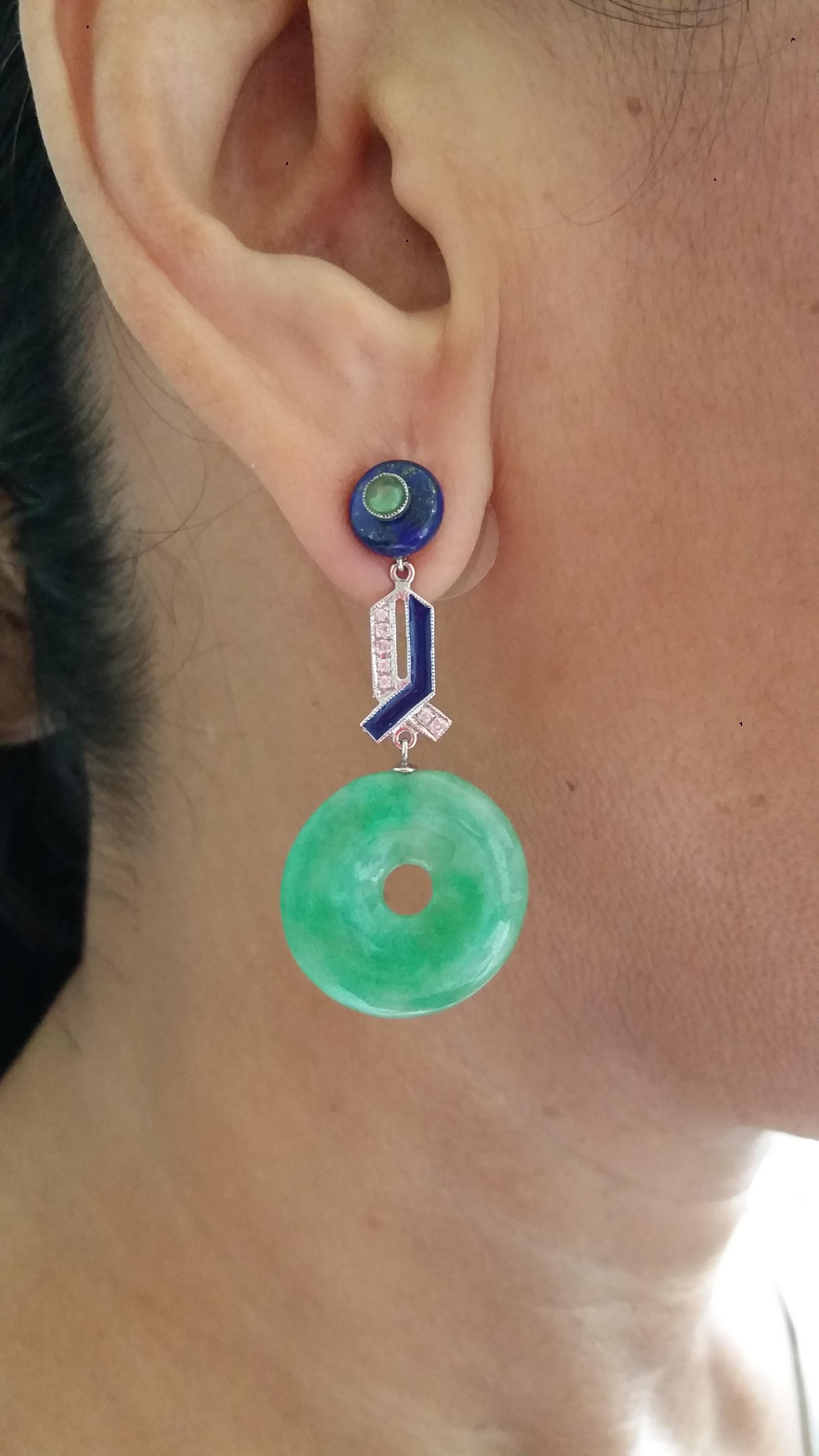 Boucles d'oreilles Art déco en jade, donut, lapis-lazuli, émeraudes, diamants et émail bleu en vente 1