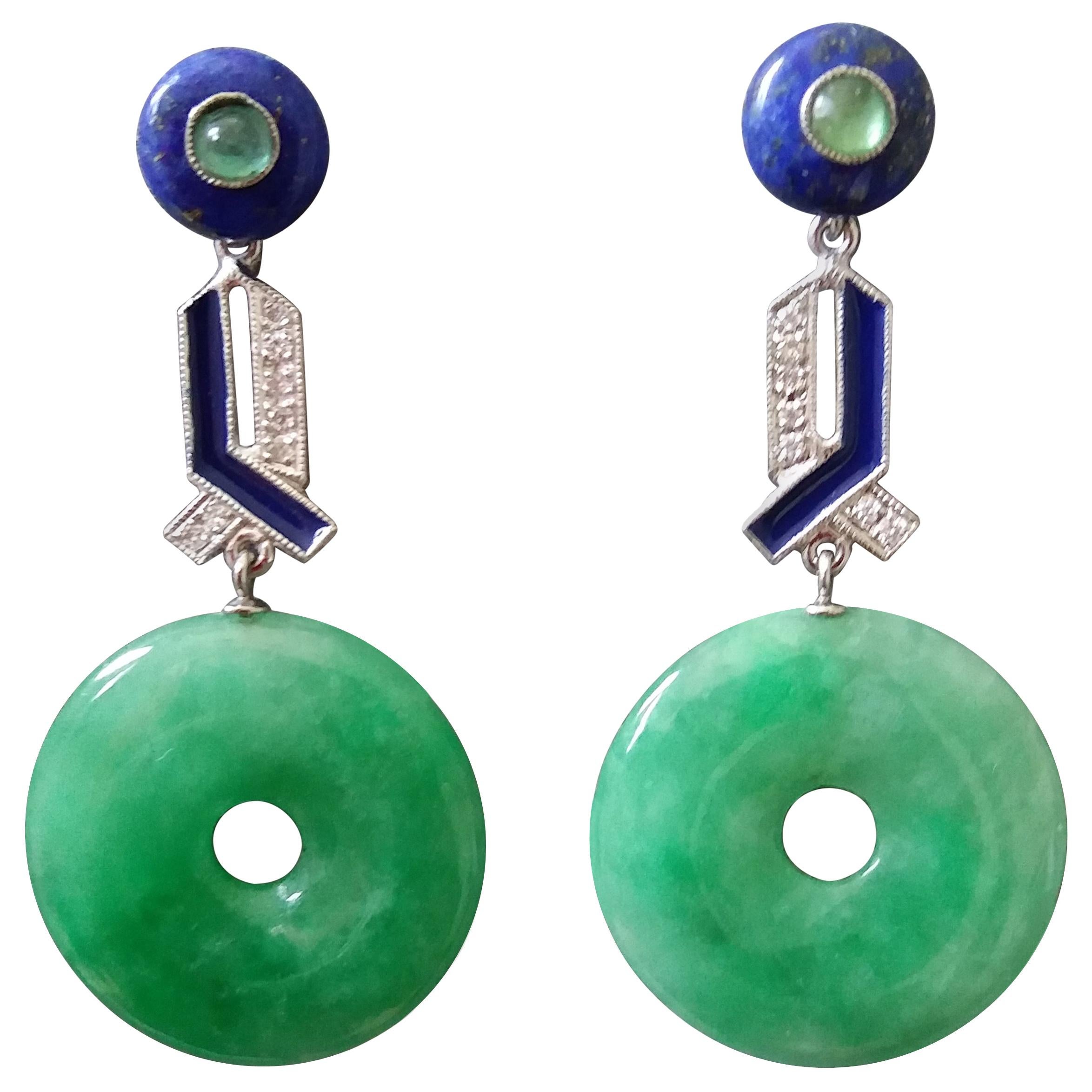 Art Deco Jade Donut Lapis Lazuli Gold Emeralds Diamonds Blue Enamel Earrings