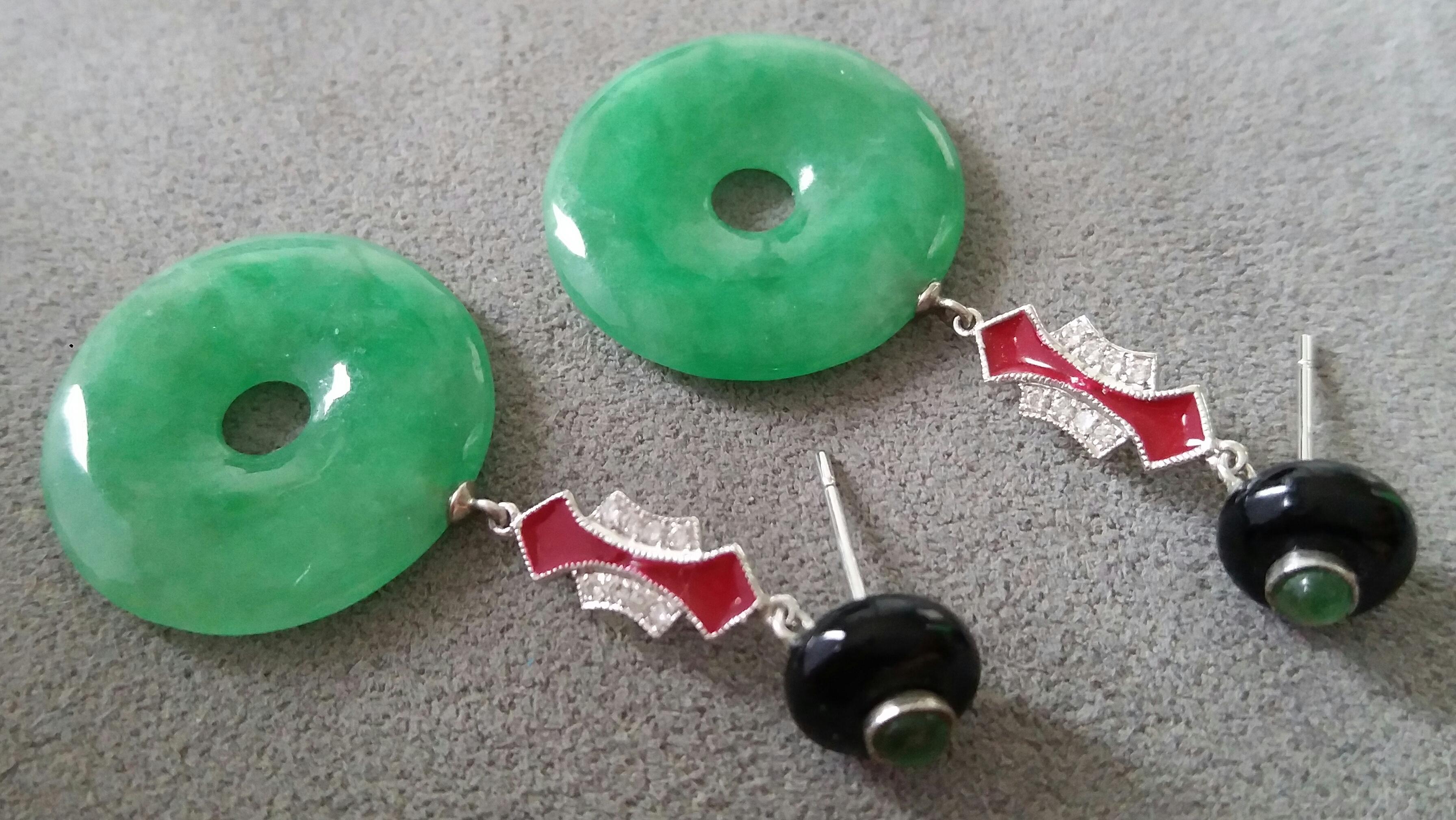 Mixed Cut Art Deco Style Jade Donuts Black Onyx Rubies Gold Diamonds Red Enamel Earrings For Sale