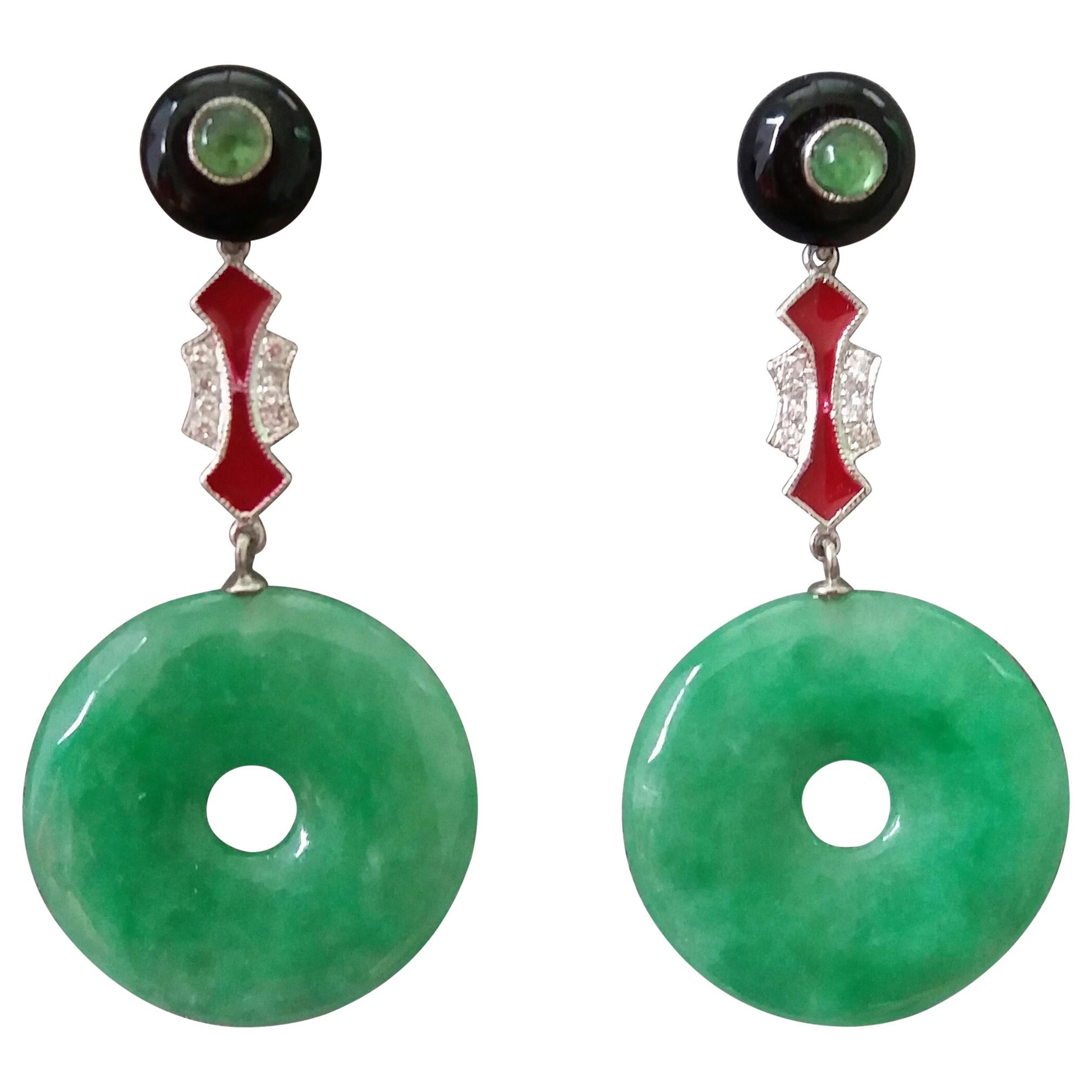 Art Deco Style Jade Donuts Black Onyx Rubies Gold Diamonds Red Enamel Earrings For Sale