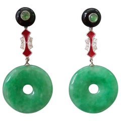 Art Deco Style Jade Donuts Black Onyx Rubies Gold Diamonds Red Enamel Earrings