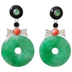 Vintage Art Deco Style Jade Gold Coral Diamonds Onix Emeralds Black Enamel Earrings
