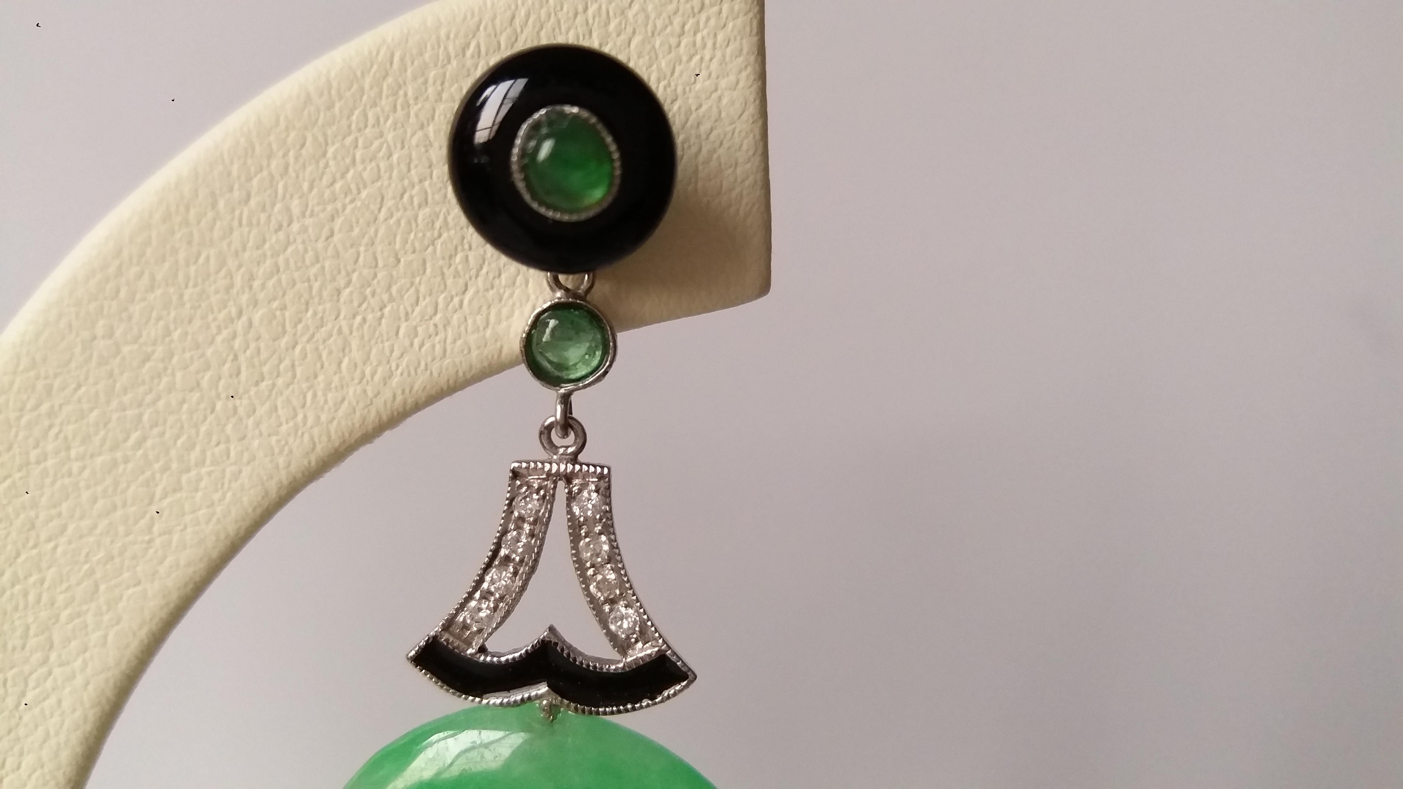 Mixed Cut Art Deco Style Jade Gold Diamonds Emeralds and Black Enamel Dangle Earrings