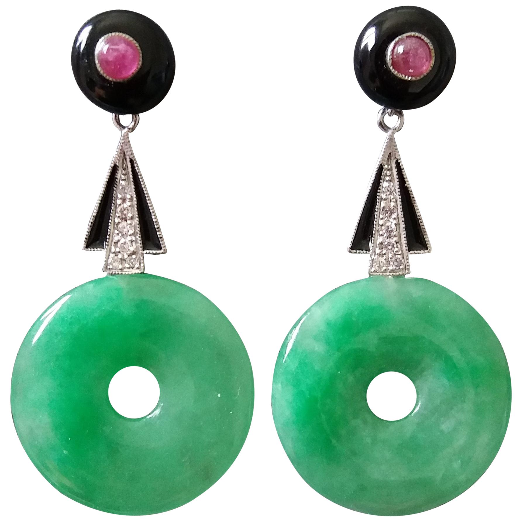 Art Deco Style Jade Donuts Gold Diamonds Rubies and Black Enamel Dangle Earrings