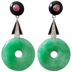 Vintage Art Deco Style Jade Donuts Gold Diamonds Rubies and Black Enamel Dangle Earrings