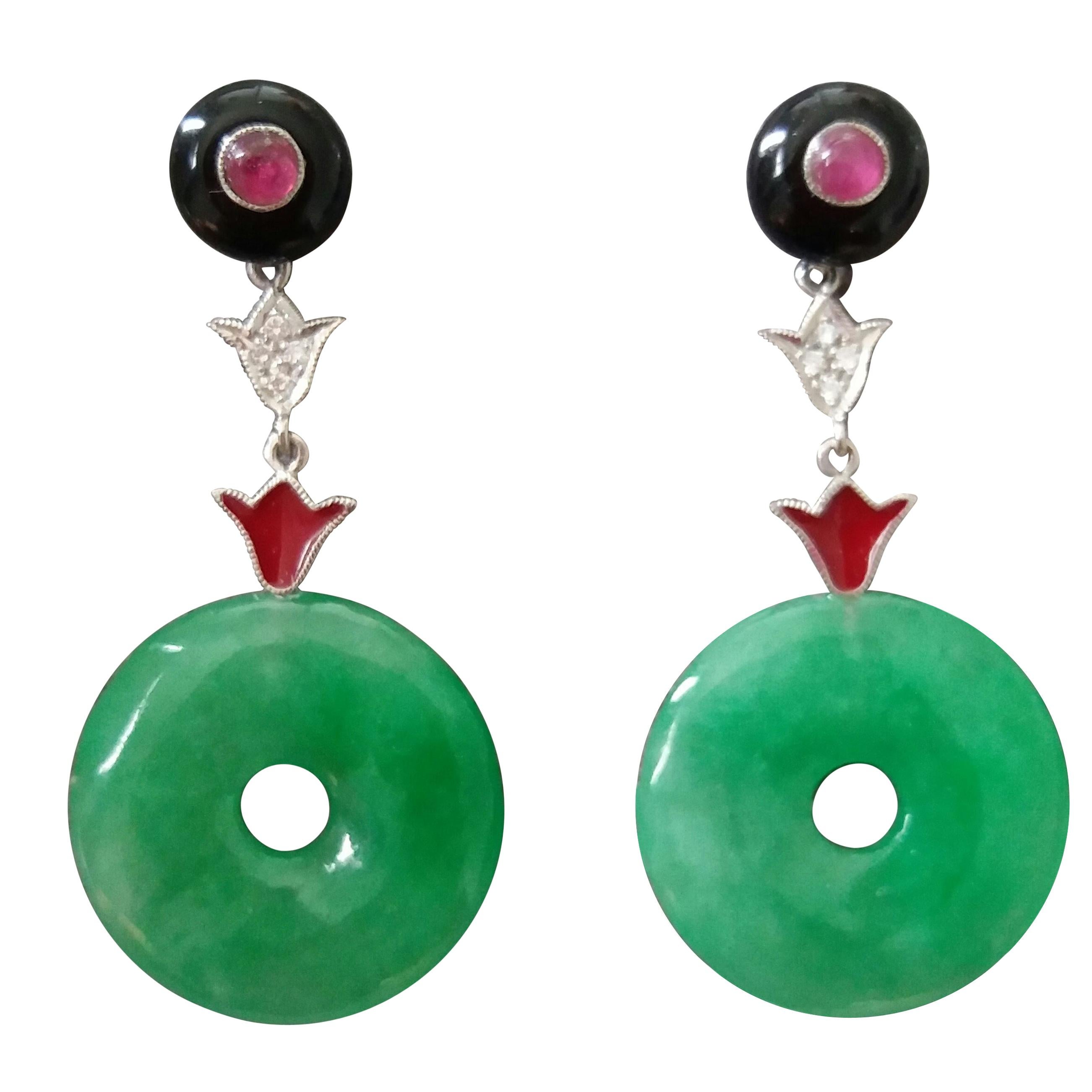 Art Deco Style Jade Donuts Gold Diamonds Rubies Red Enamel Dangle Earrings For Sale