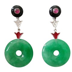 Vintage Art Deco Style Jade Donuts Gold Diamonds Rubies Red Enamel Dangle Earrings