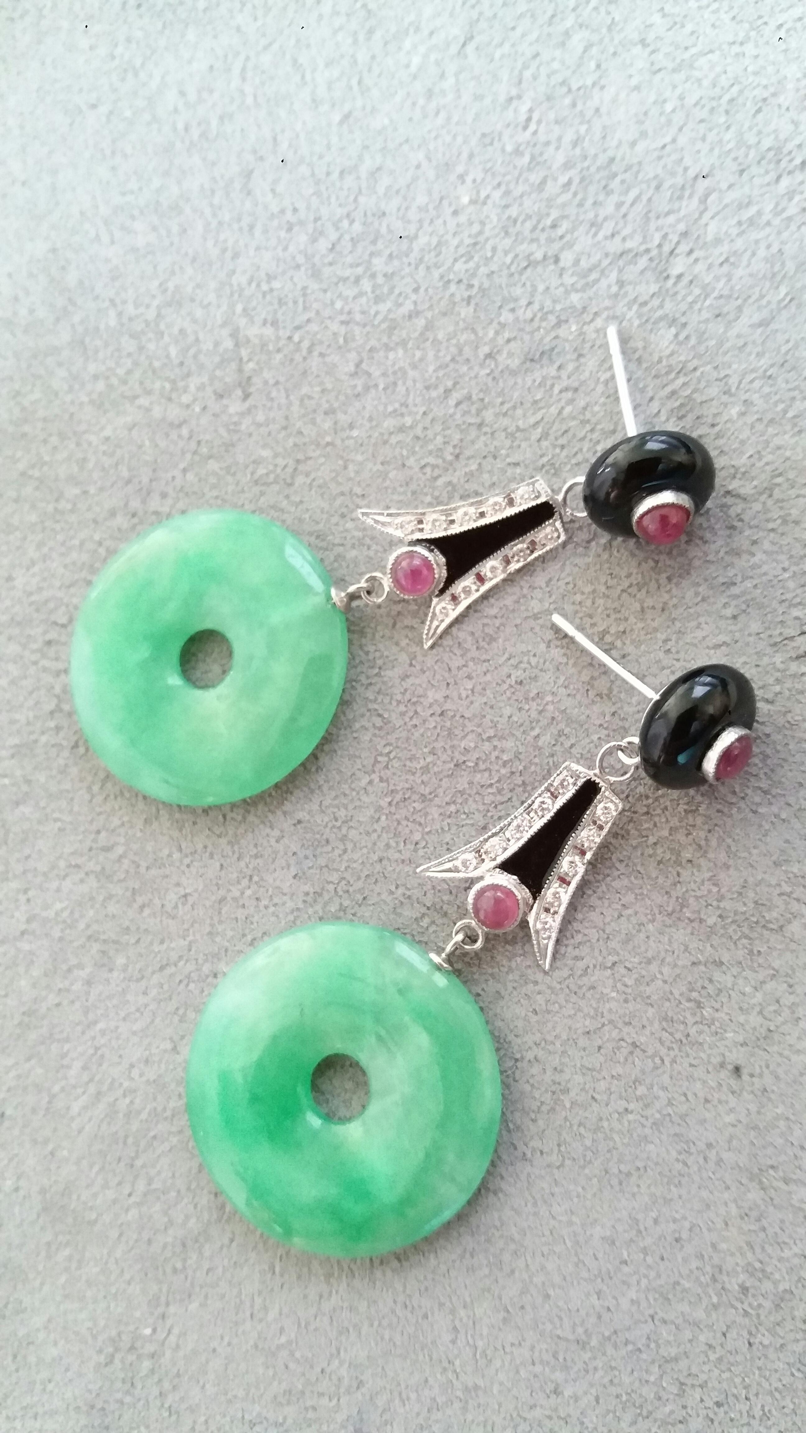 Mixed Cut Art Deco Style Jade Donuts Gold Diamonds Ruby Black Onix Black Enamel Earrings