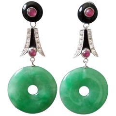 Vintage Art Deco Style Jade Donuts Gold Diamonds Ruby Black Onix Black Enamel Earrings
