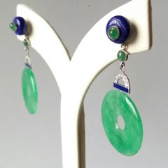 Art Deco Style Jade Donuts Lapis Lazuli Emeralds Diamonds White Gold Earrings