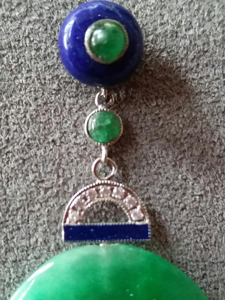 Round Cut Art Deco Style Jade Donuts Lapis Lazuli Emeralds Diamonds White Gold Earrings For Sale
