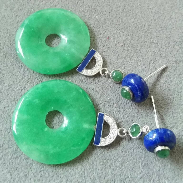 Art Deco Style Jade Donuts Lapis Lazuli Emeralds Diamonds White Gold Earrings In Good Condition For Sale In Bangkok, TH