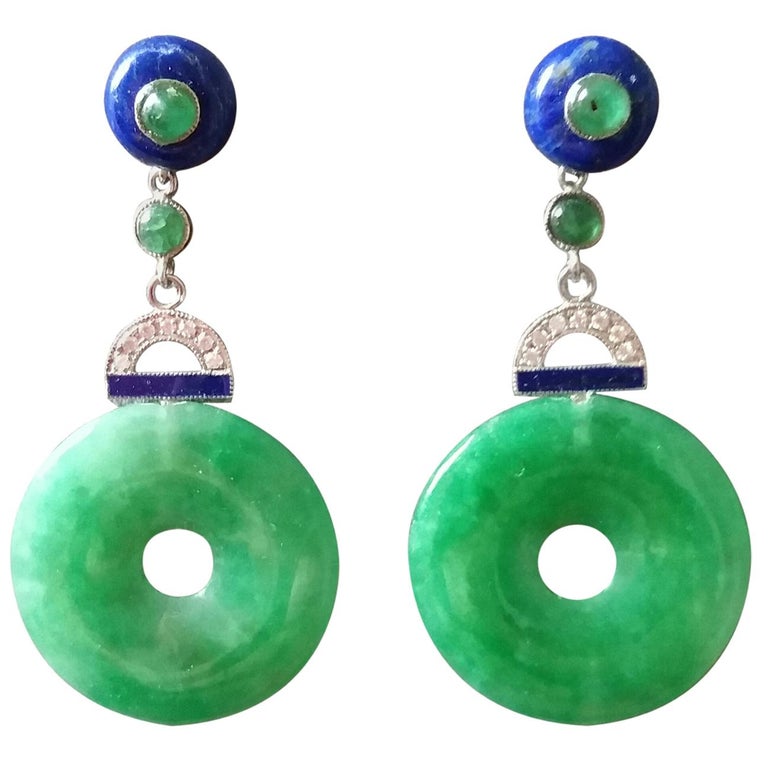 Art Deco Style Jade Donuts Lapis Lazuli Emeralds Diamonds White Gold Earrings For Sale
