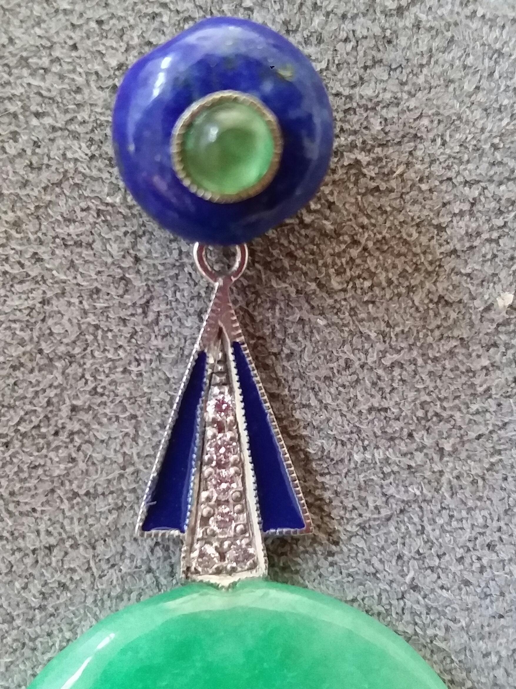Art Deco Style Jade Donuts Lapis Lazuli Emeralds Gold Diamonds Enamel Earrings In Excellent Condition For Sale In Bangkok, TH