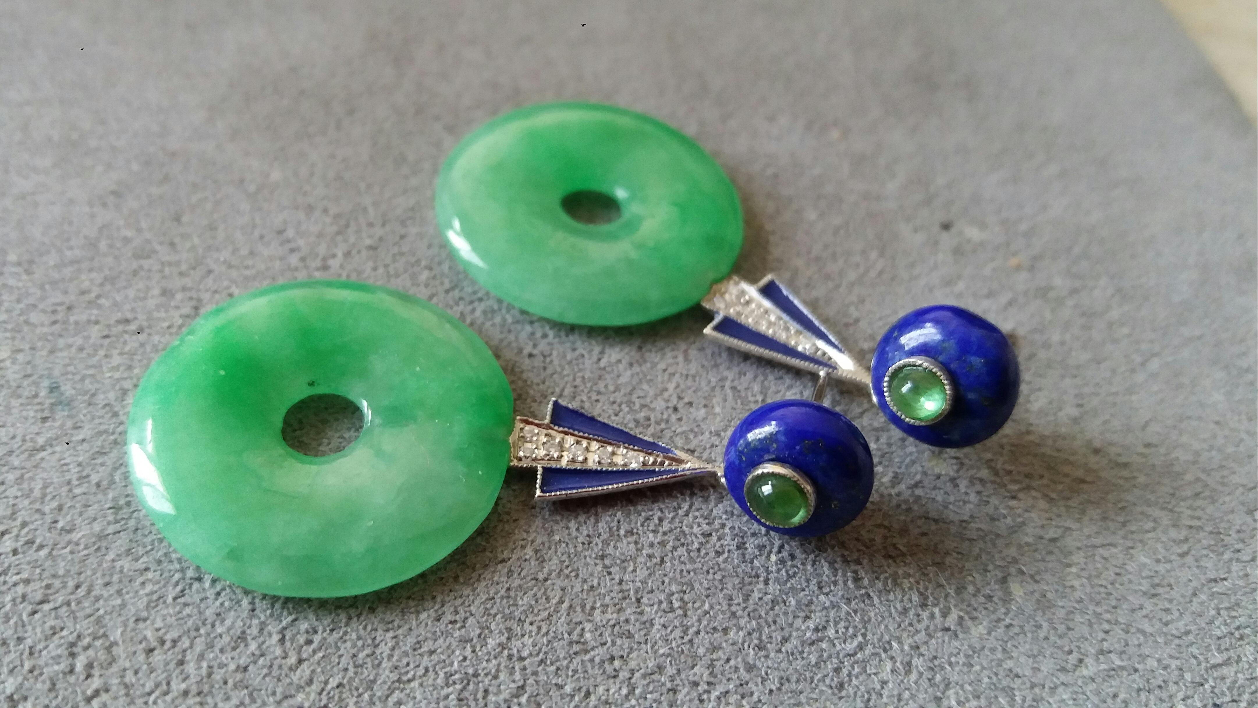 Women's Art Deco Style Jade Donuts Lapis Lazuli Emeralds Gold Diamonds Enamel Earrings For Sale