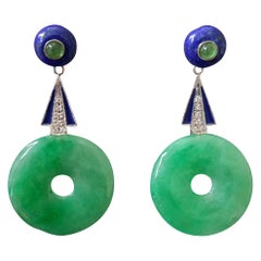Boucles d'oreilles de style Art déco en jade, lapis-lazuli, émeraudes, diamants, émail et émail