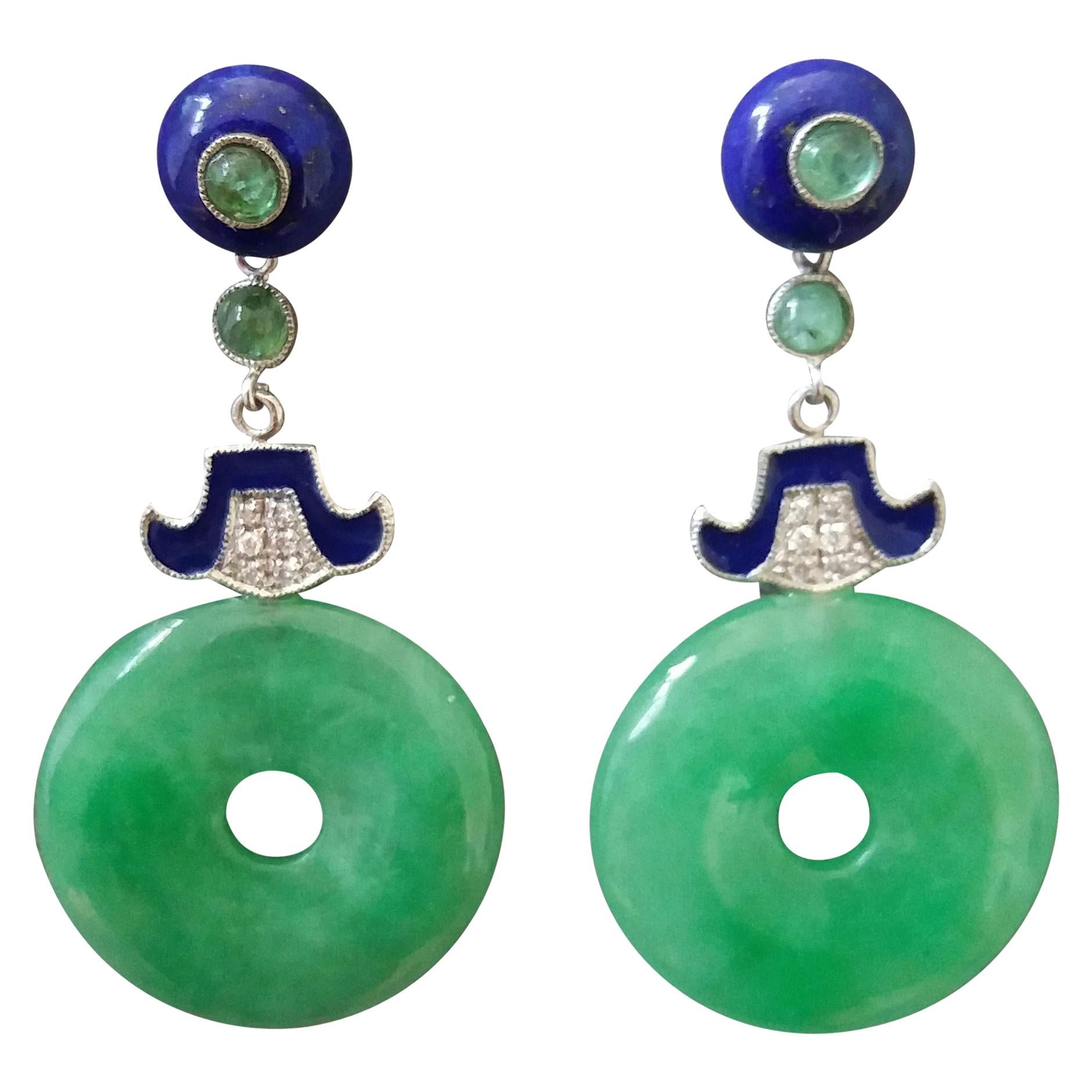Art Deco Style Jade Donuts Lapis Lazuli Emeralds Gold Diamonds Enamel Earrings