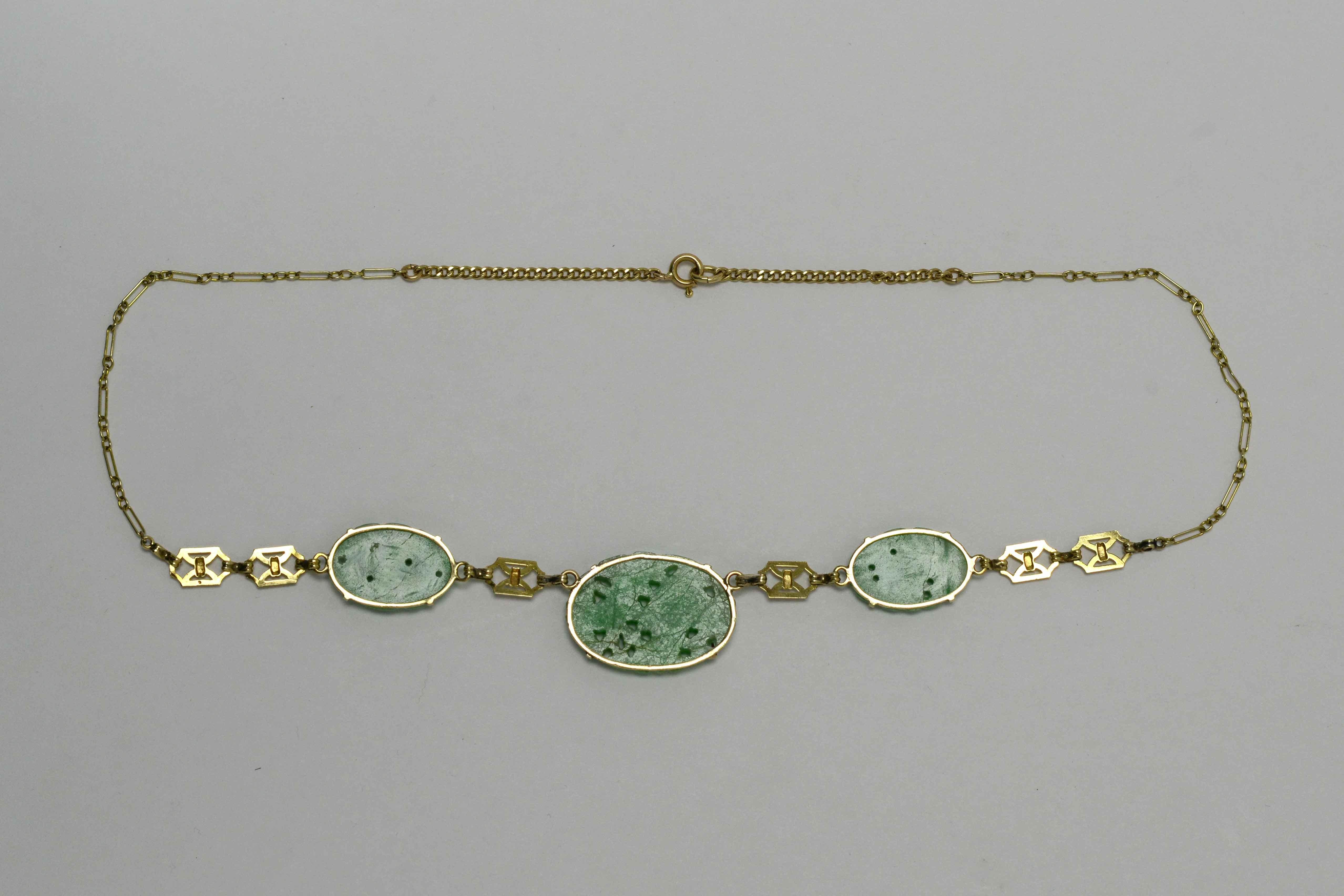 Oval Cut Art Deco Jade Drop Necklace 3-Stone Jadeite Natural Untreated Type A 14K Gold