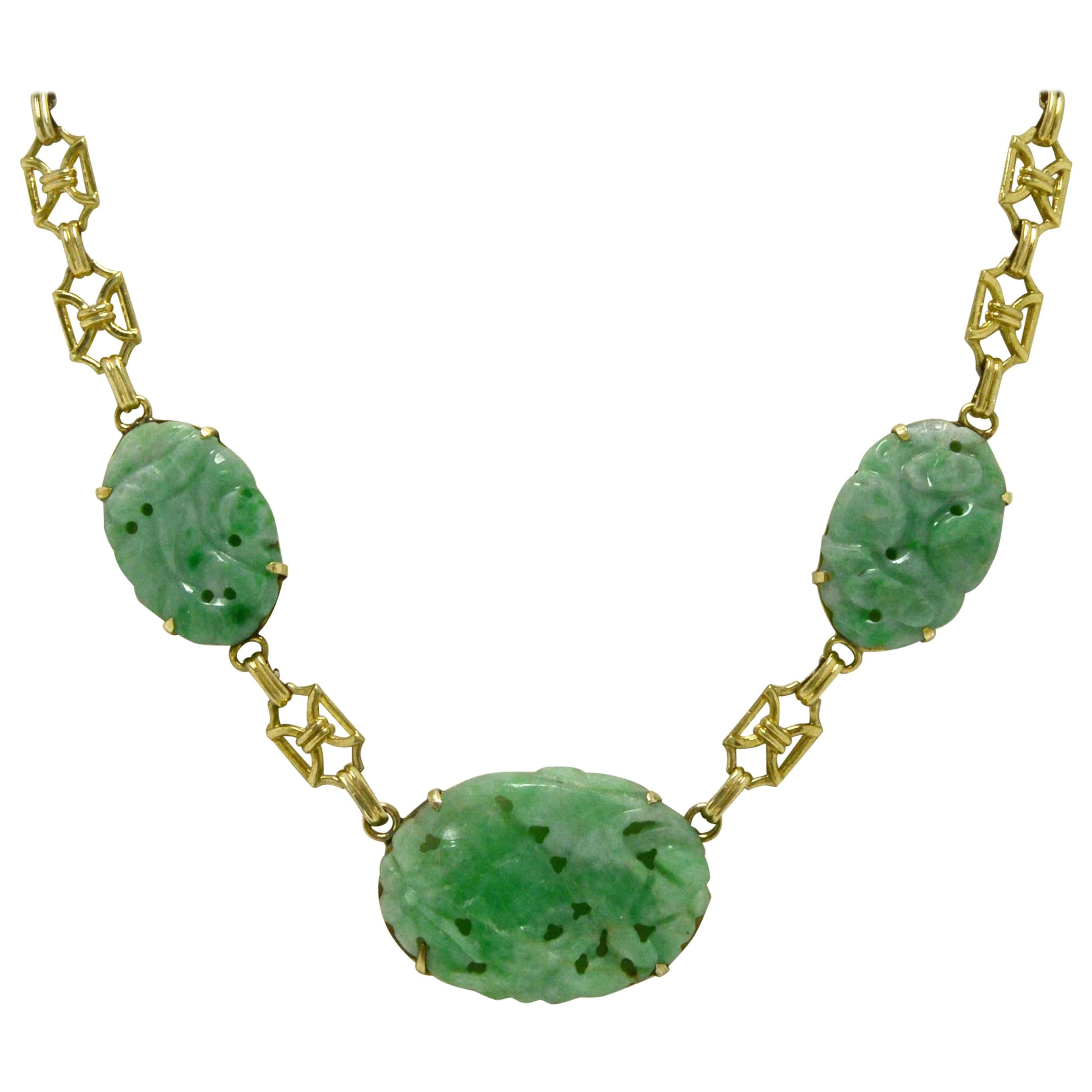 Art Deco Jade Drop Necklace 3-Stone Jadeite Natural Untreated Type A 14K Gold