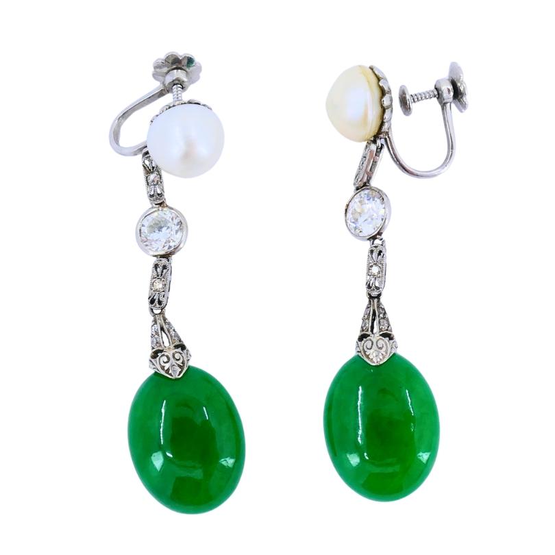 Art Deco Jade Ohrringe Platin Perlen Old European Cut Diamanten Estate Jewelry im Angebot 2