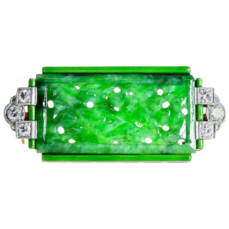 Art Deco Jade, Enamel and Diamond Platinum and Gold Brooch by Bailey