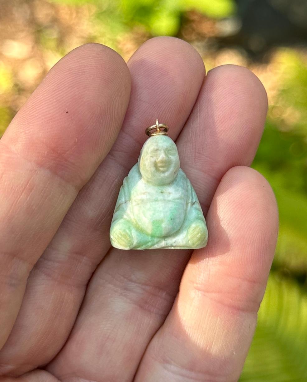 Art Deco Jade Fat Smiling Buddha Belly Pendant 14 Karat Gold Necklace For Sale 2