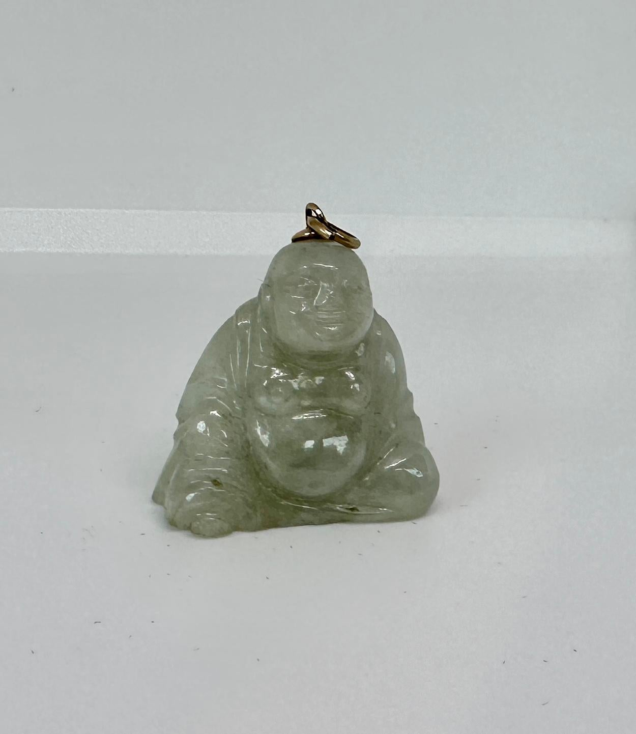 Art Deco Jade Fat Smiling Buddha Belly Pendant 14 Karat Gold Necklace For Sale 5
