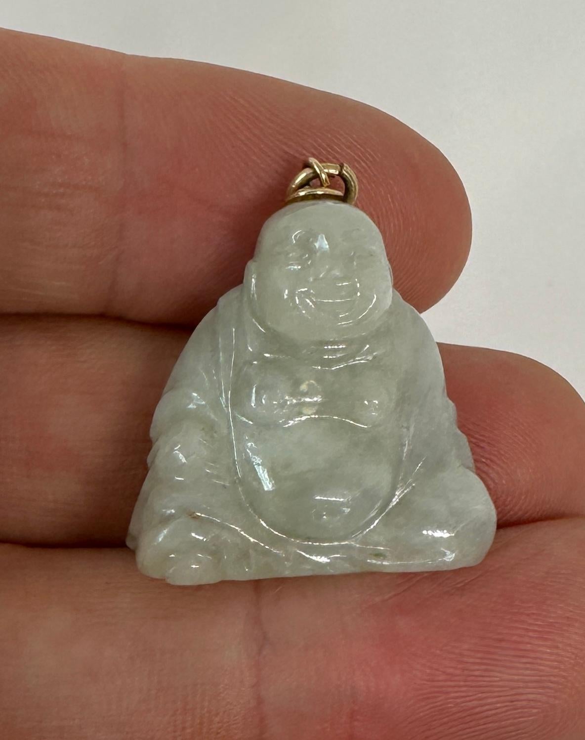 Art Deco Jade Fat Smiling Buddha Belly Pendant 14 Karat Gold Necklace For Sale 6