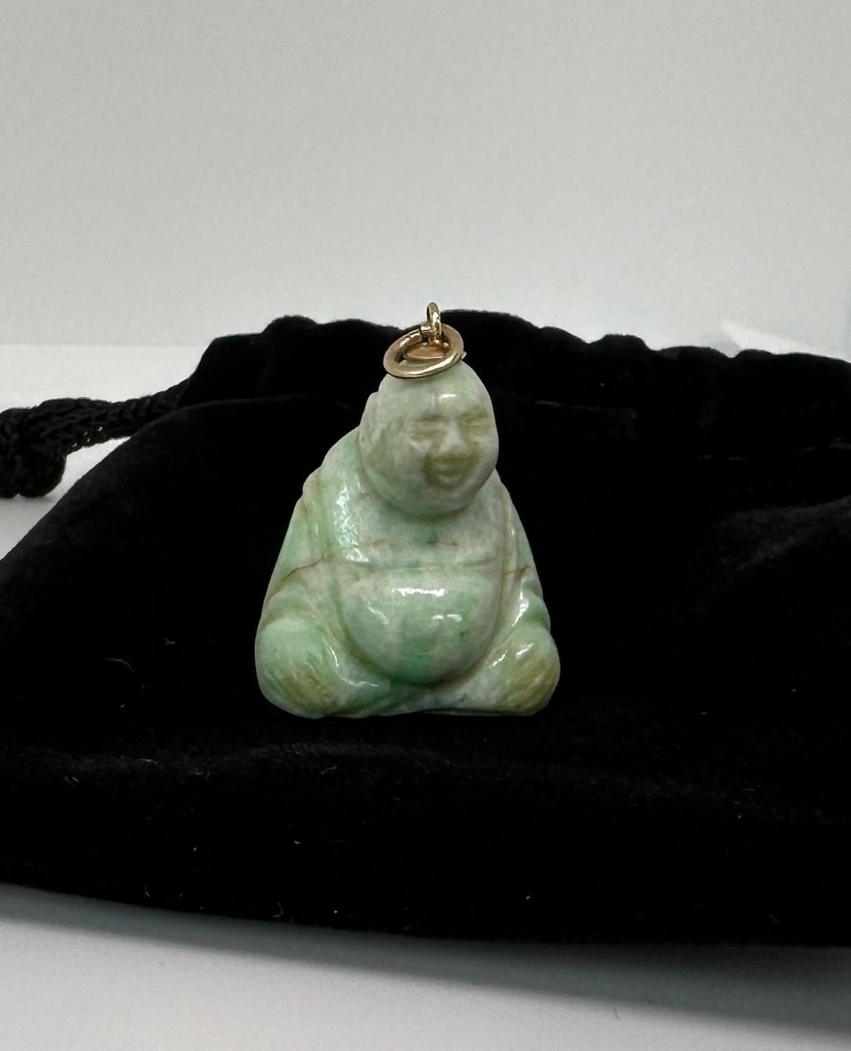 Art Deco Jade Fat Smiling Buddha Belly Pendant 14 Karat Gold Necklace For Sale 6