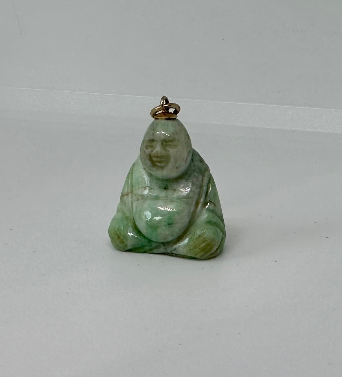 Art Deco Jade Fat Smiling Buddha Belly Pendant 14 Karat Gold Necklace For Sale 7