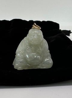 Art Deco Jade Fat Smiling Buddha Belly Pendant 14 Karat Gold Necklace