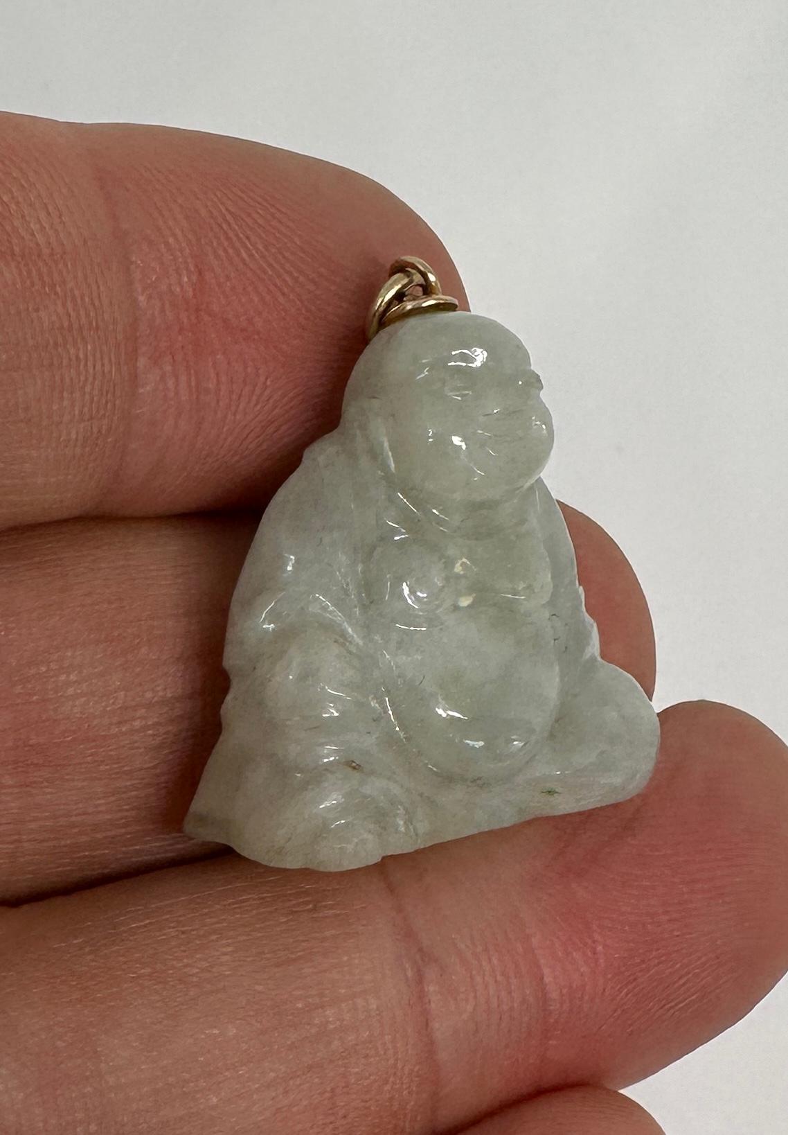 Portrait Cut Art Deco Jade Fat Smiling Buddha Belly Pendant 14 Karat Gold Necklace For Sale