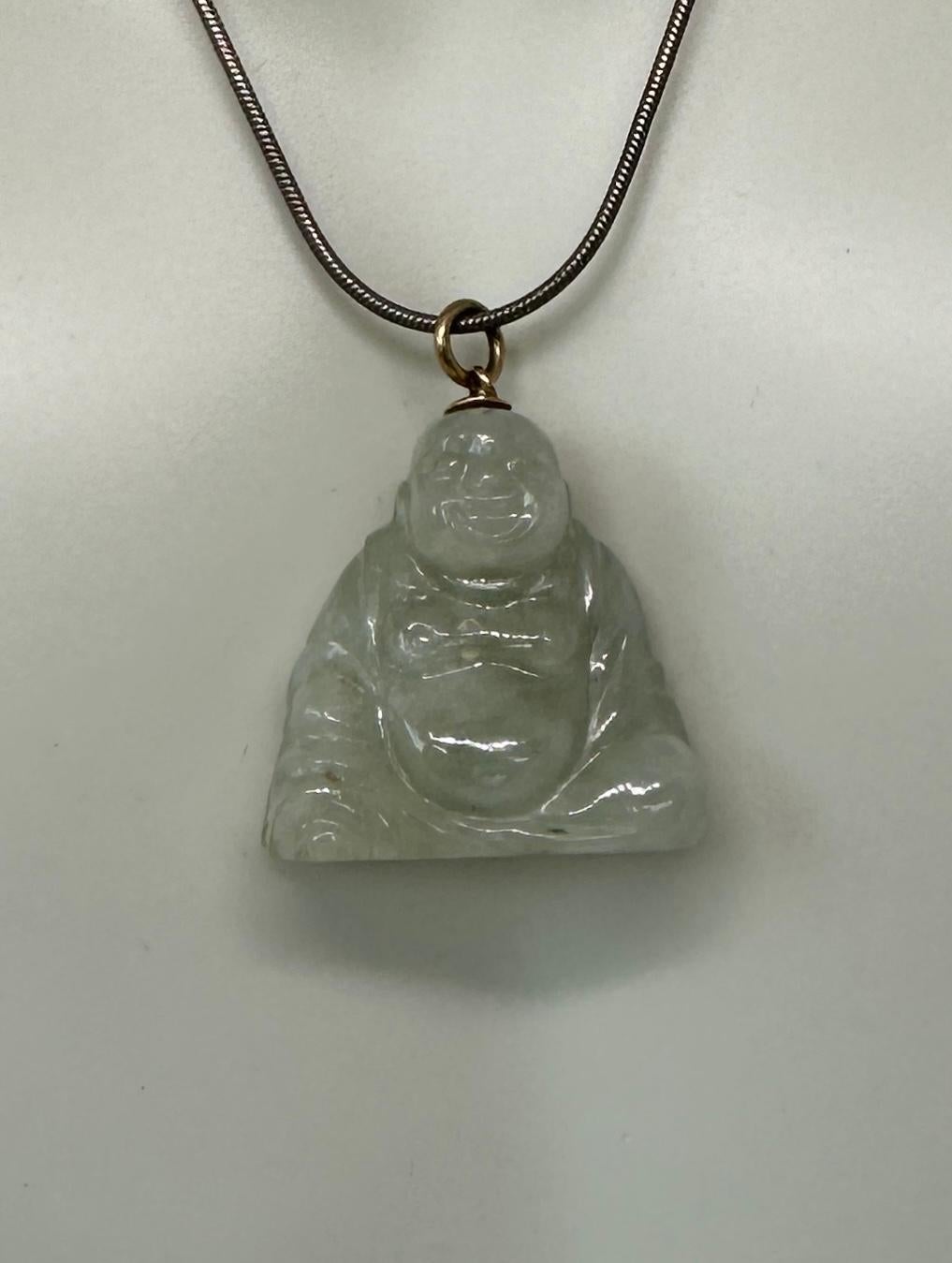 Women's or Men's Art Deco Jade Fat Smiling Buddha Belly Pendant 14 Karat Gold Necklace For Sale