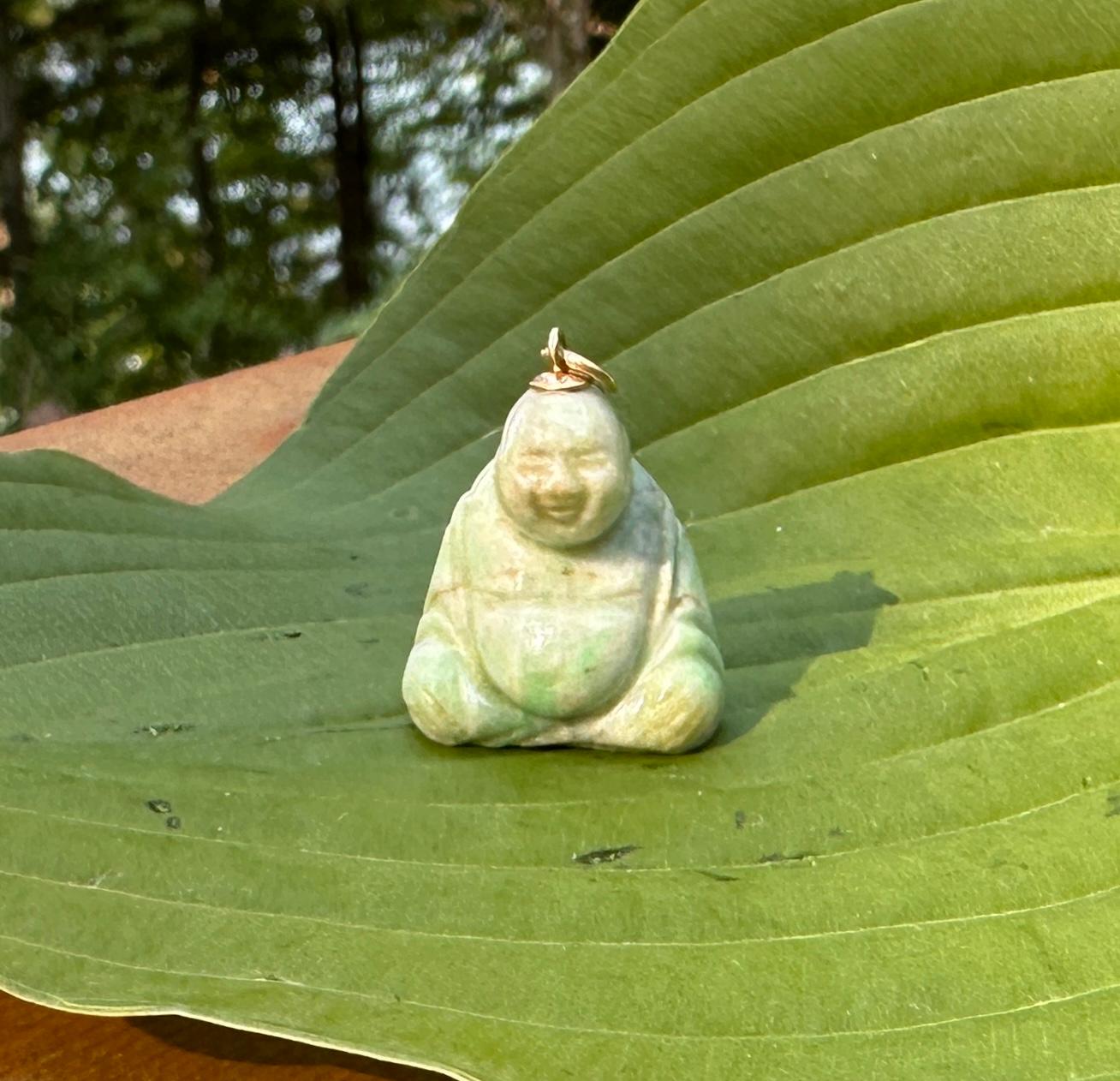 Art Deco Jade Fat Smiling Buddha Belly Pendant 14 Karat Gold Necklace For Sale 1