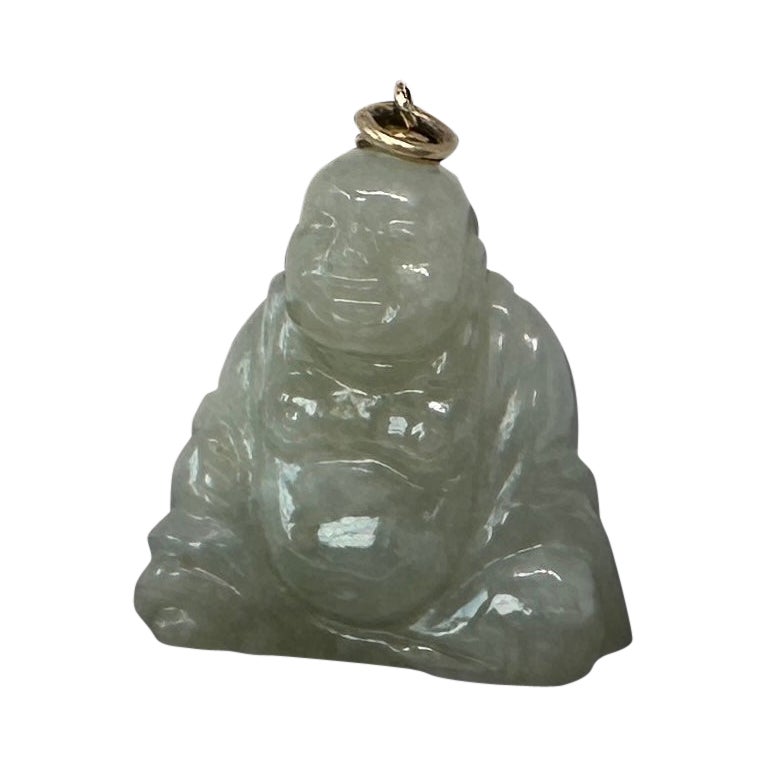 Art Decó Jade Fat Smiling Buddha Belly Pendant Collar de Oro de 14 Kilates