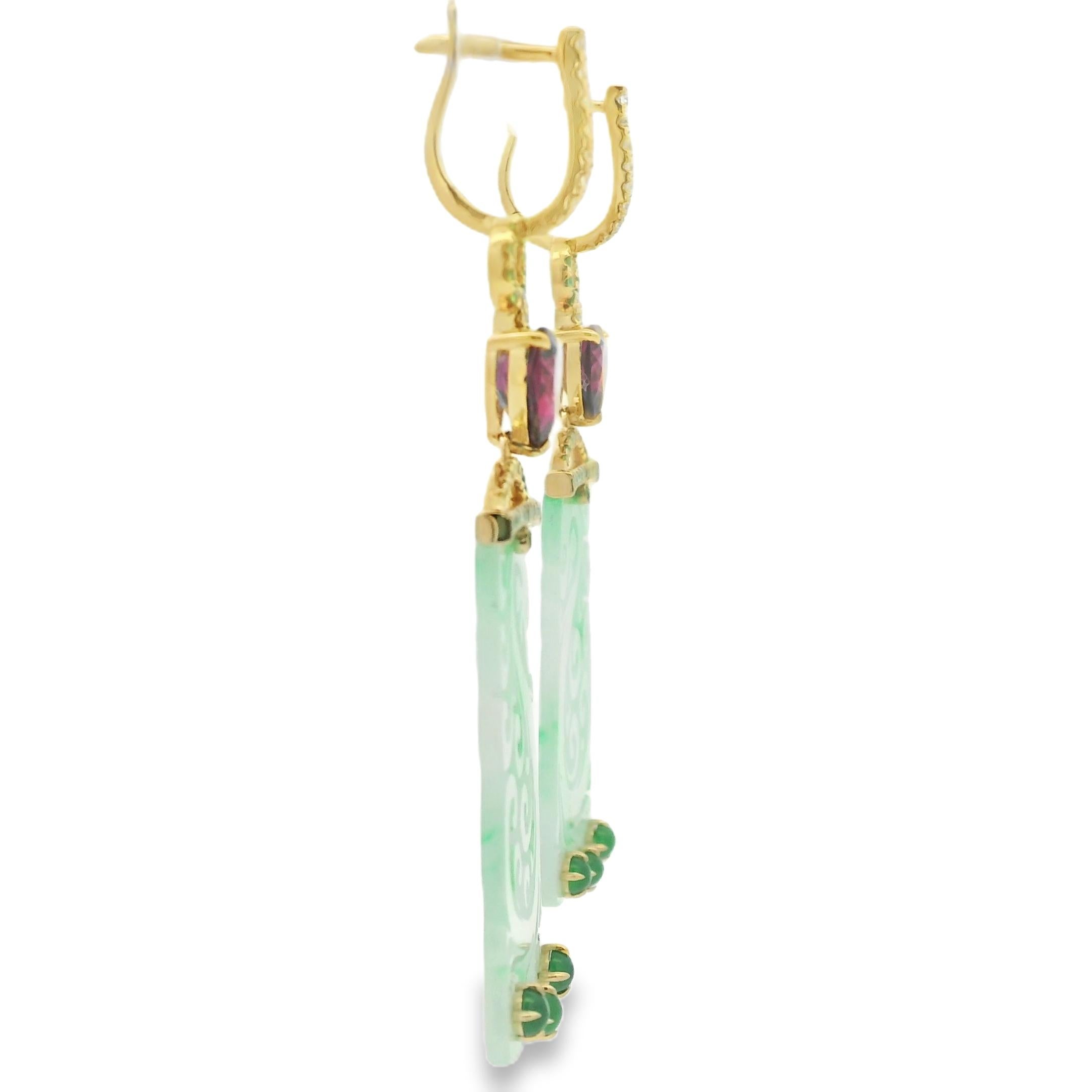 Pendientes Art Decó Jade Granate Diamante en Oro Amarillo de 14 Kilates en venta 4