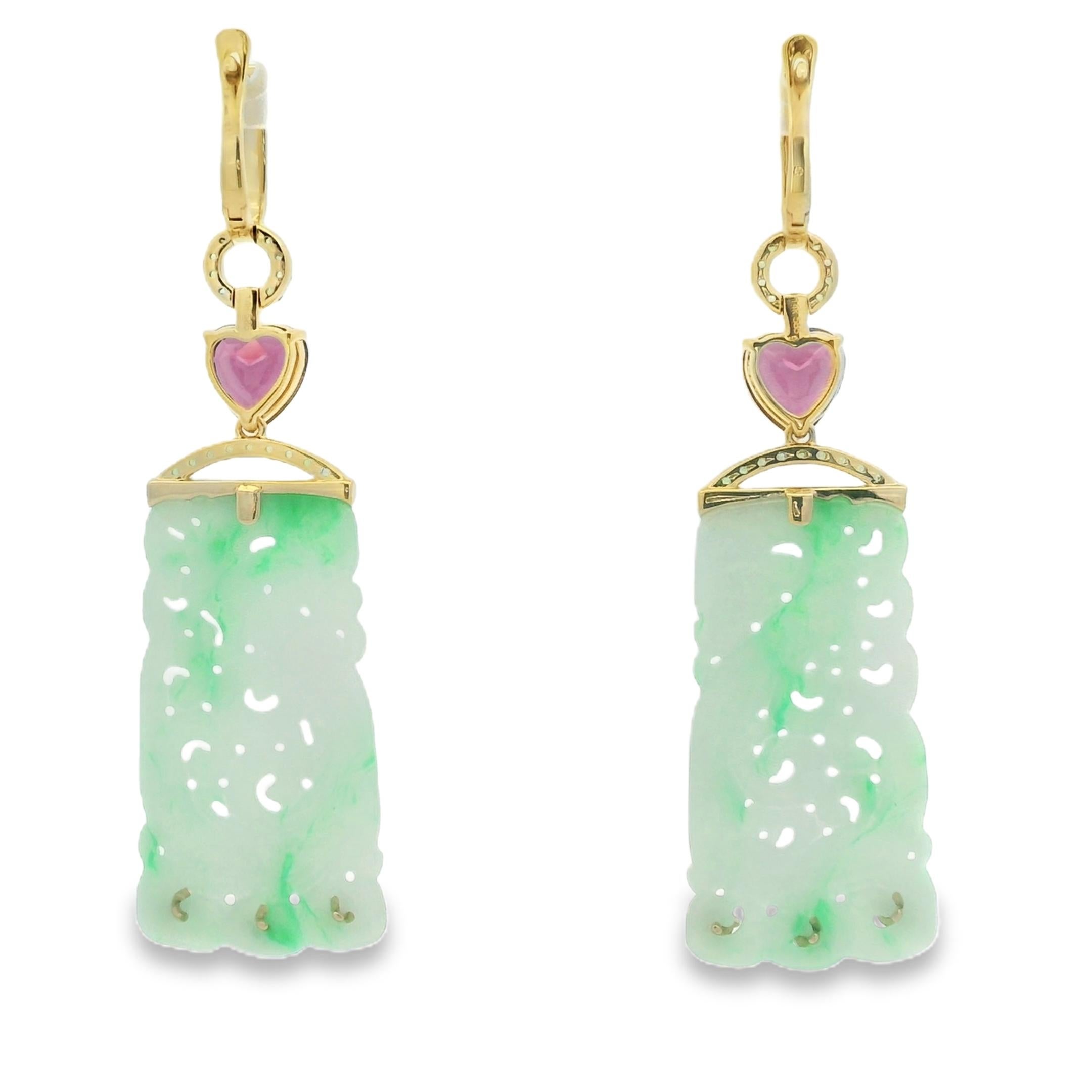 Pendientes Art Decó Jade Granate Diamante en Oro Amarillo de 14 Kilates en venta 5