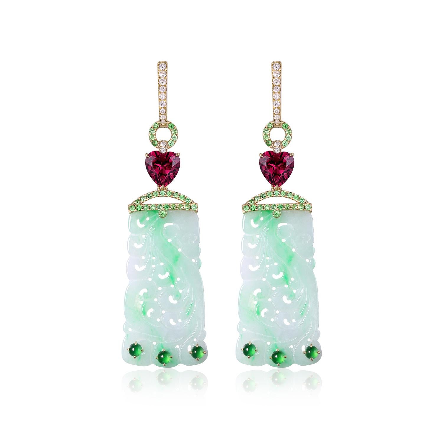 Boucles d'oreilles Art Déco Jade Grenat Diamant en or jaune 14 carats en vente 6