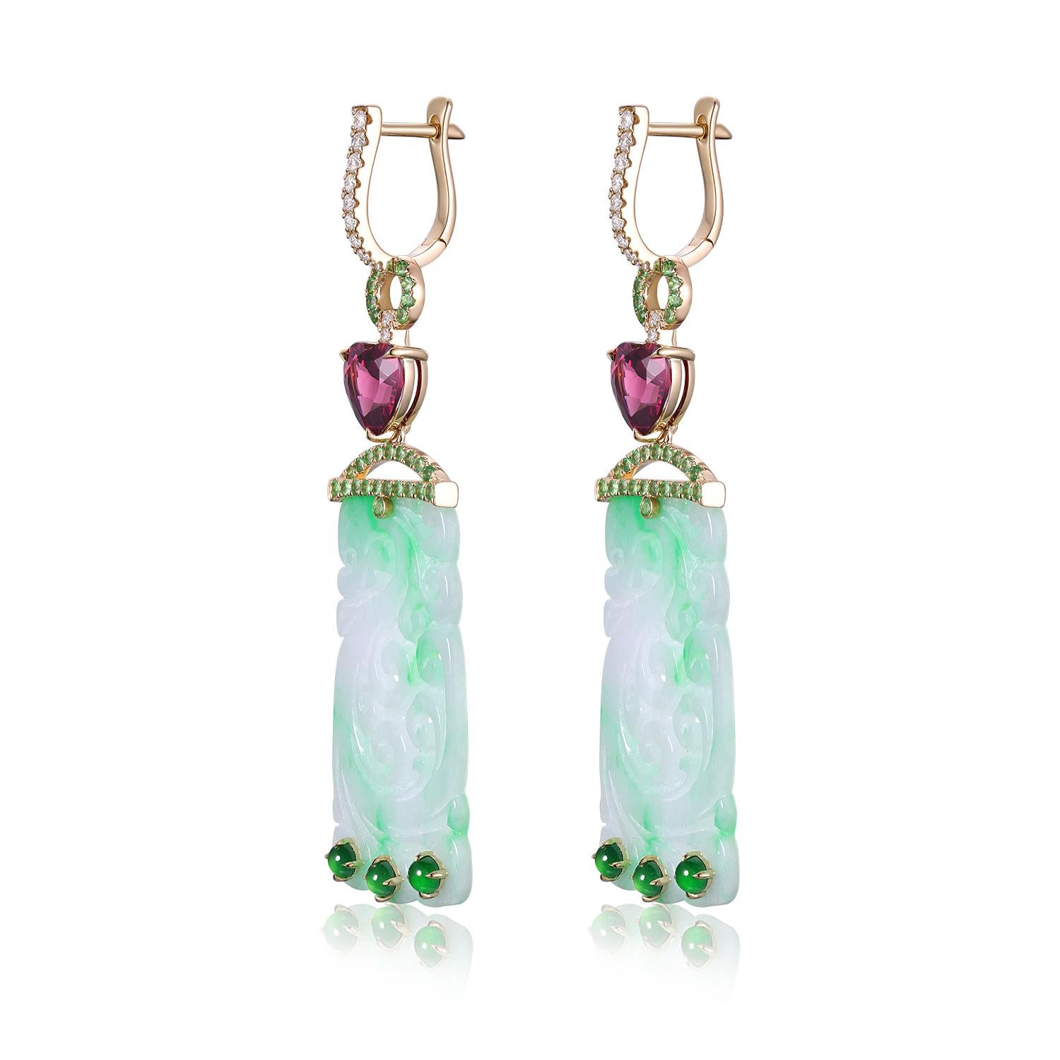 Boucles d'oreilles Art Déco Jade Grenat Diamant en or jaune 14 carats en vente 7