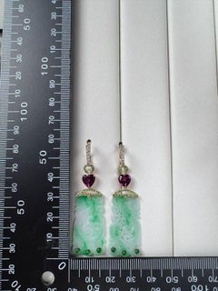 Art Deco Jade Garnet Diamond Earrings in 14 Karat Yellow Gold