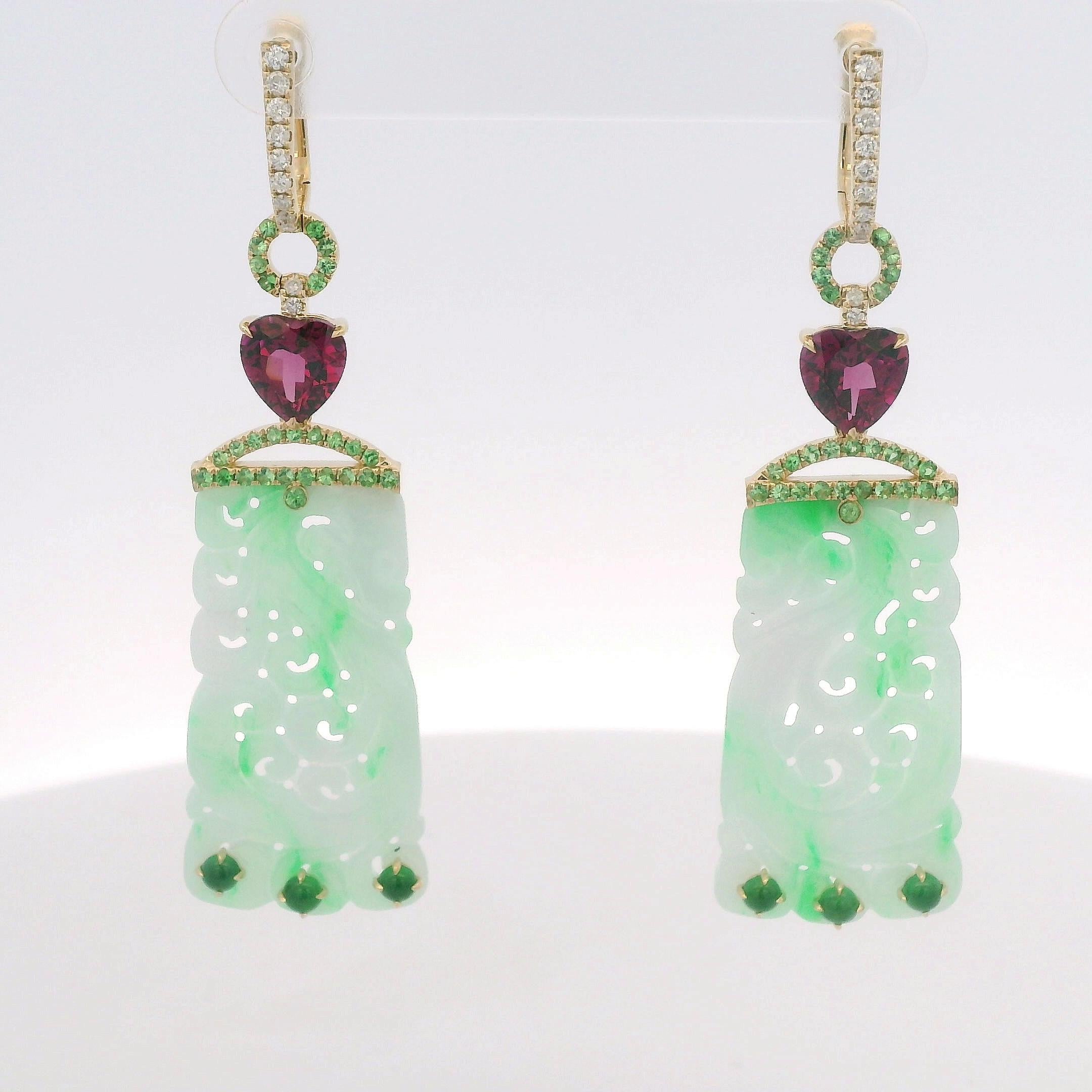 Pendientes Art Decó Jade Granate Diamante en Oro Amarillo de 14 Kilates Corte mixto en venta