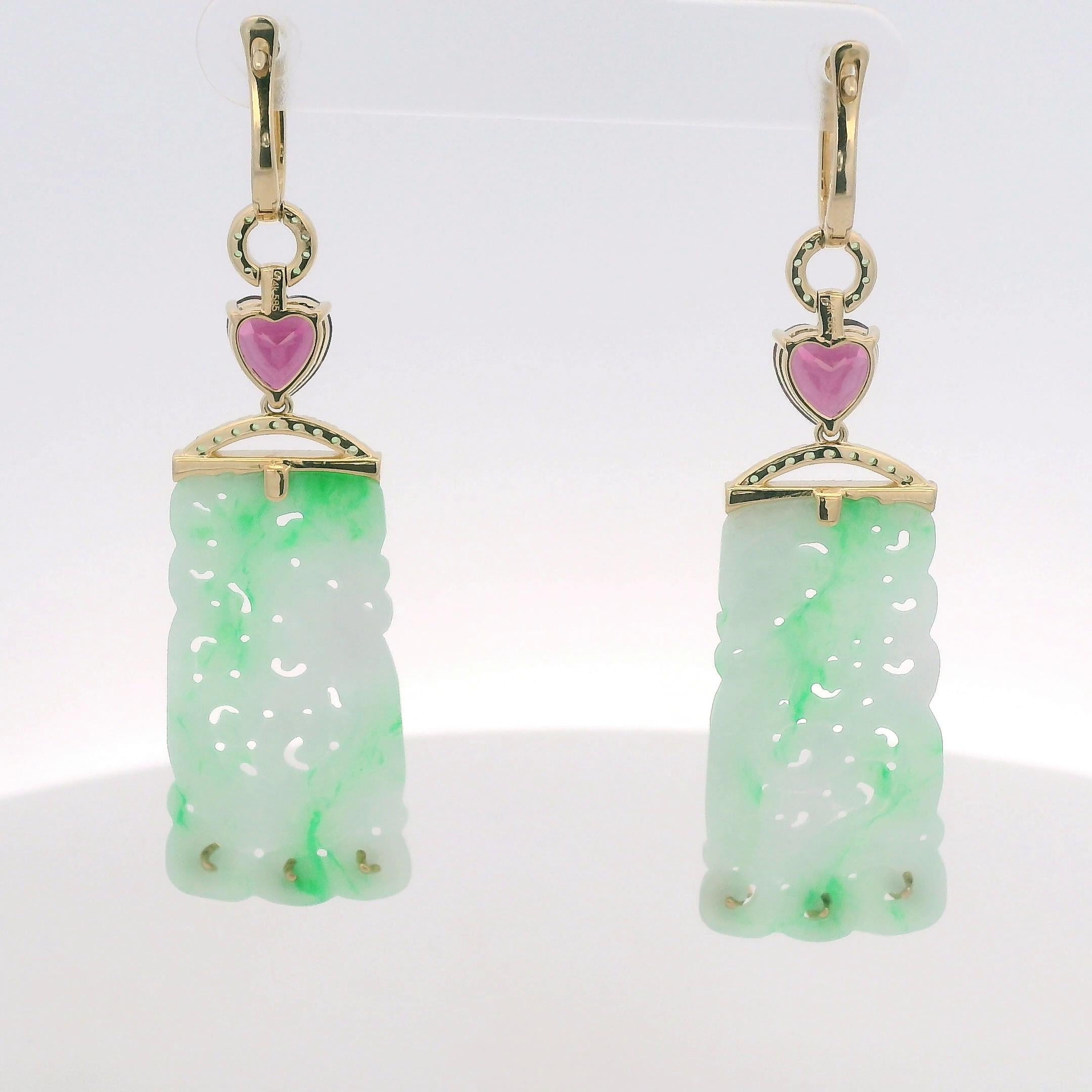 Pendientes Art Decó Jade Granate Diamante en Oro Amarillo de 14 Kilates en Nuevo estado para la venta en Hong Kong, HK