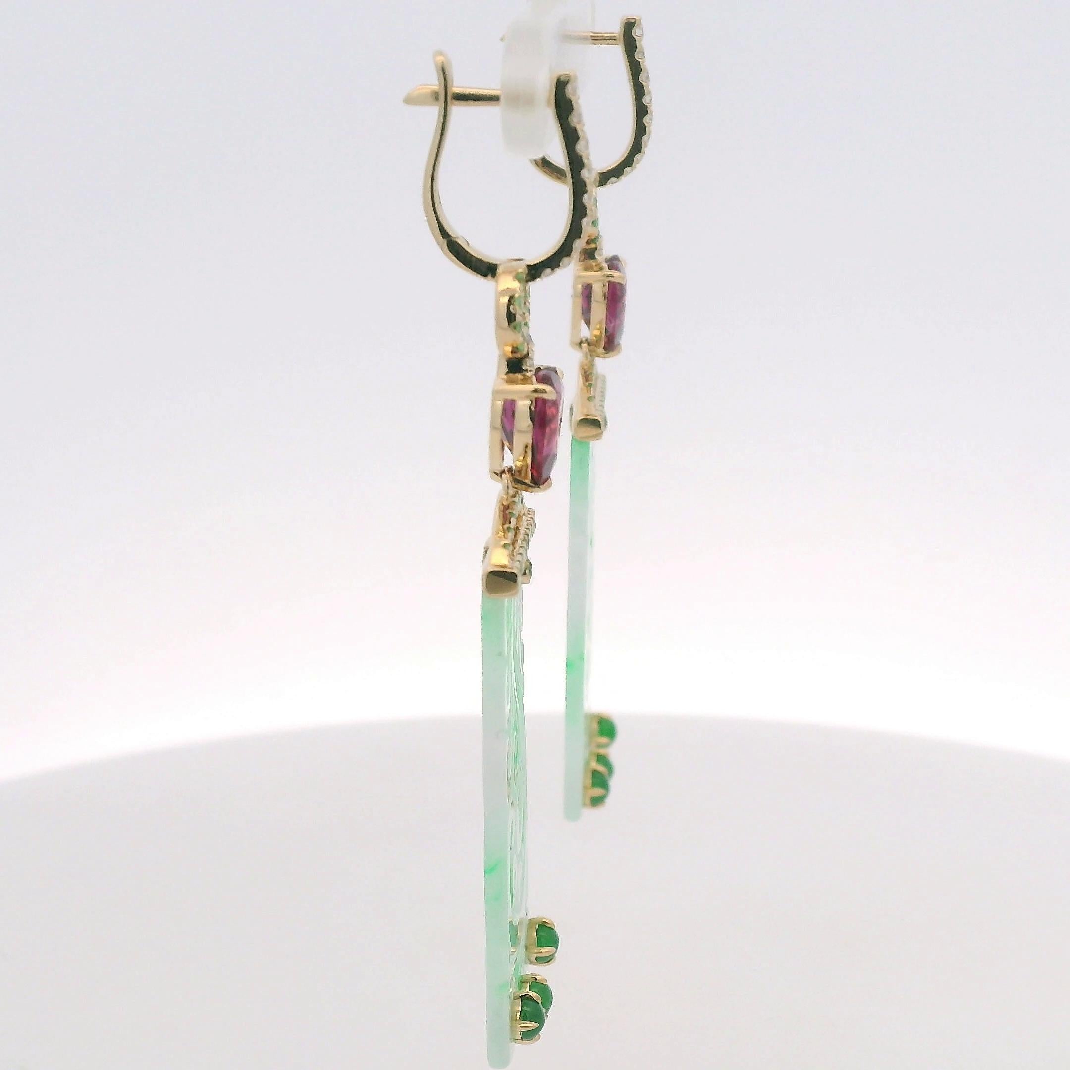De las mujeres Pendientes Art Decó Jade Granate Diamante en Oro Amarillo de 14 Kilates en venta