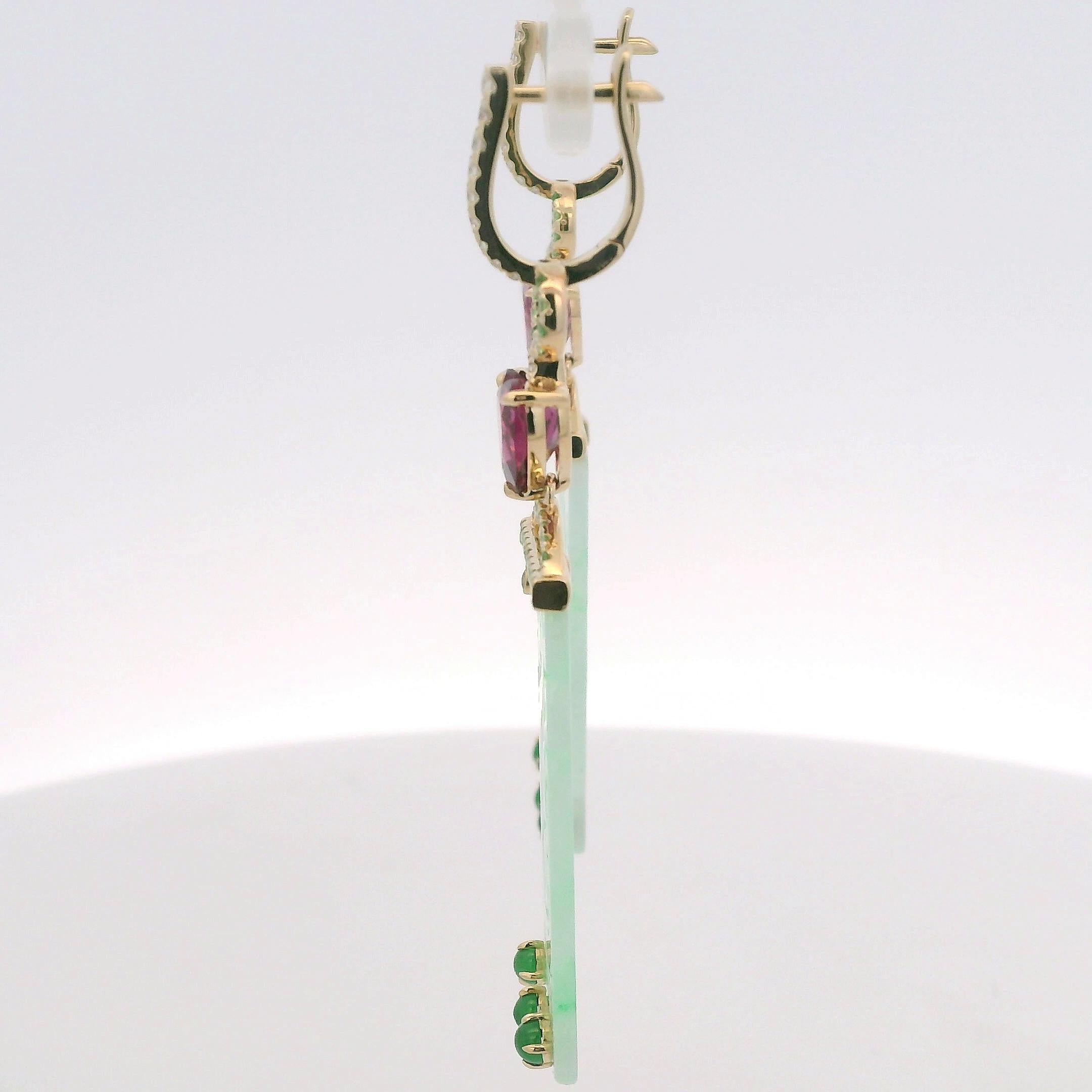 Pendientes Art Decó Jade Granate Diamante en Oro Amarillo de 14 Kilates en venta 1
