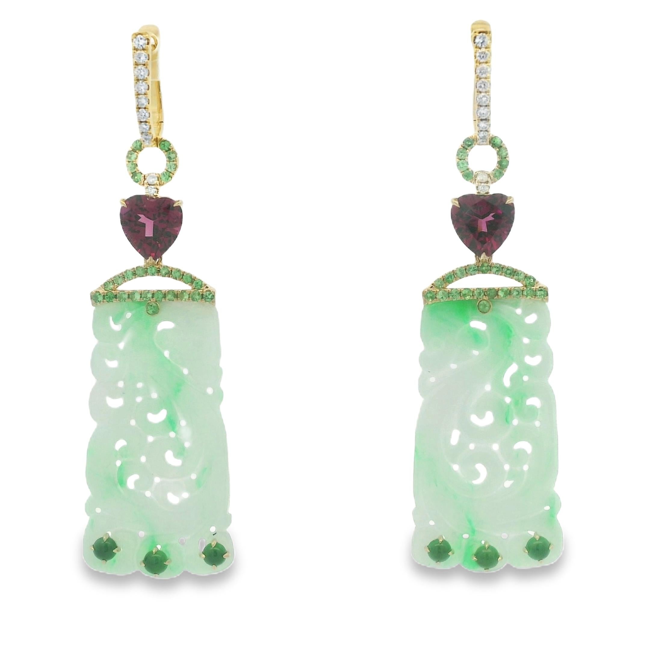 Pendientes Art Decó Jade Granate Diamante en Oro Amarillo de 14 Kilates en venta 3