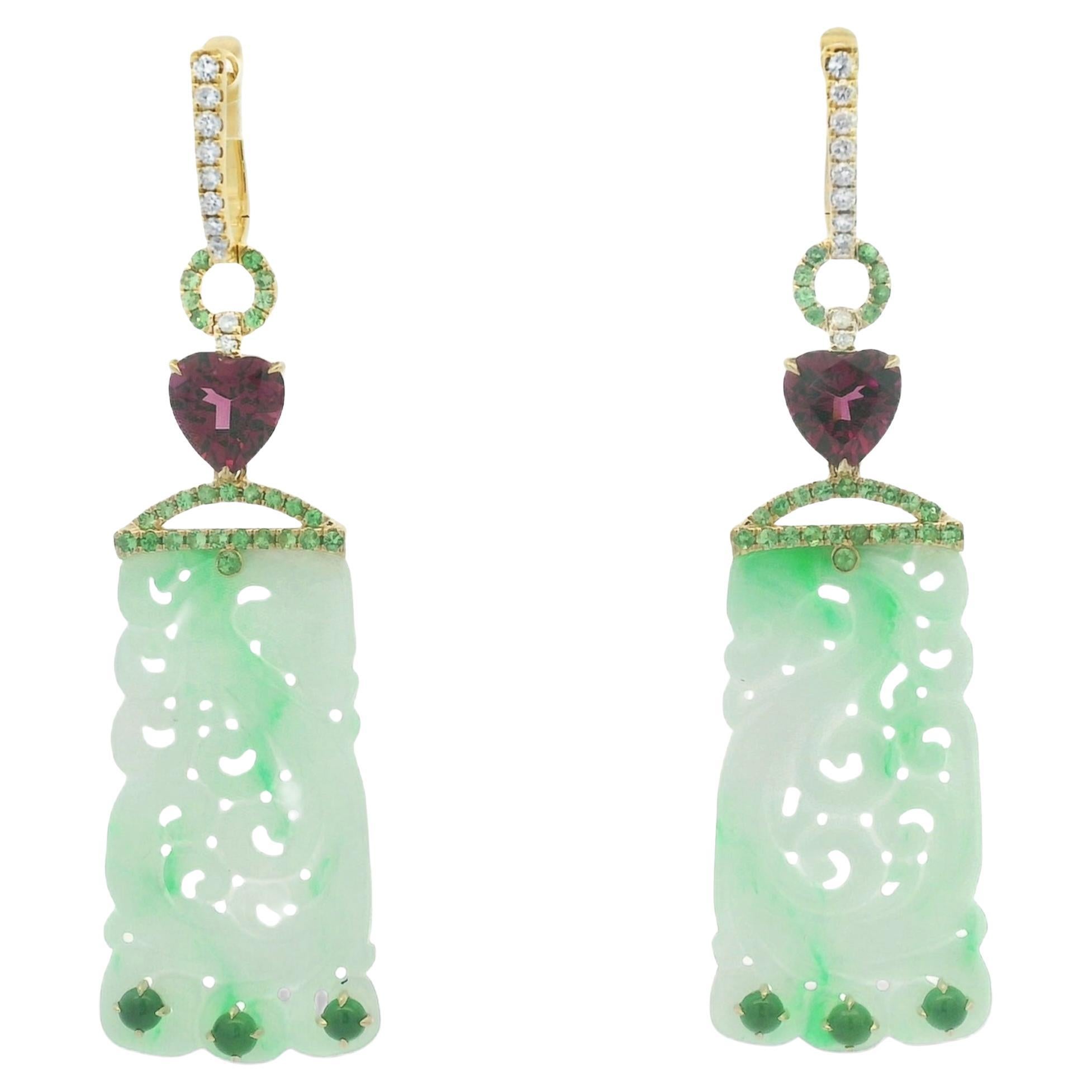 Pendientes Art Decó Jade Granate Diamante en Oro Amarillo de 14 Kilates en venta