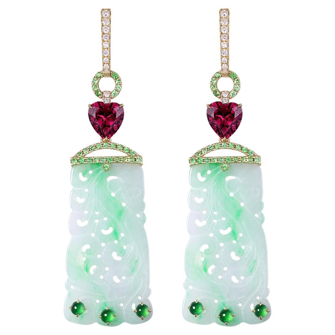 Boucles d'oreilles Art Déco Jade Grenat Diamant en or jaune 14 carats