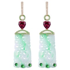 Art Deco Jade Granat Diamant Ohrringe aus 14 Karat Gelbgold